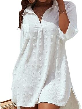 Soft White Swiss Dot Beach Cover Up Pullover Shirtdress